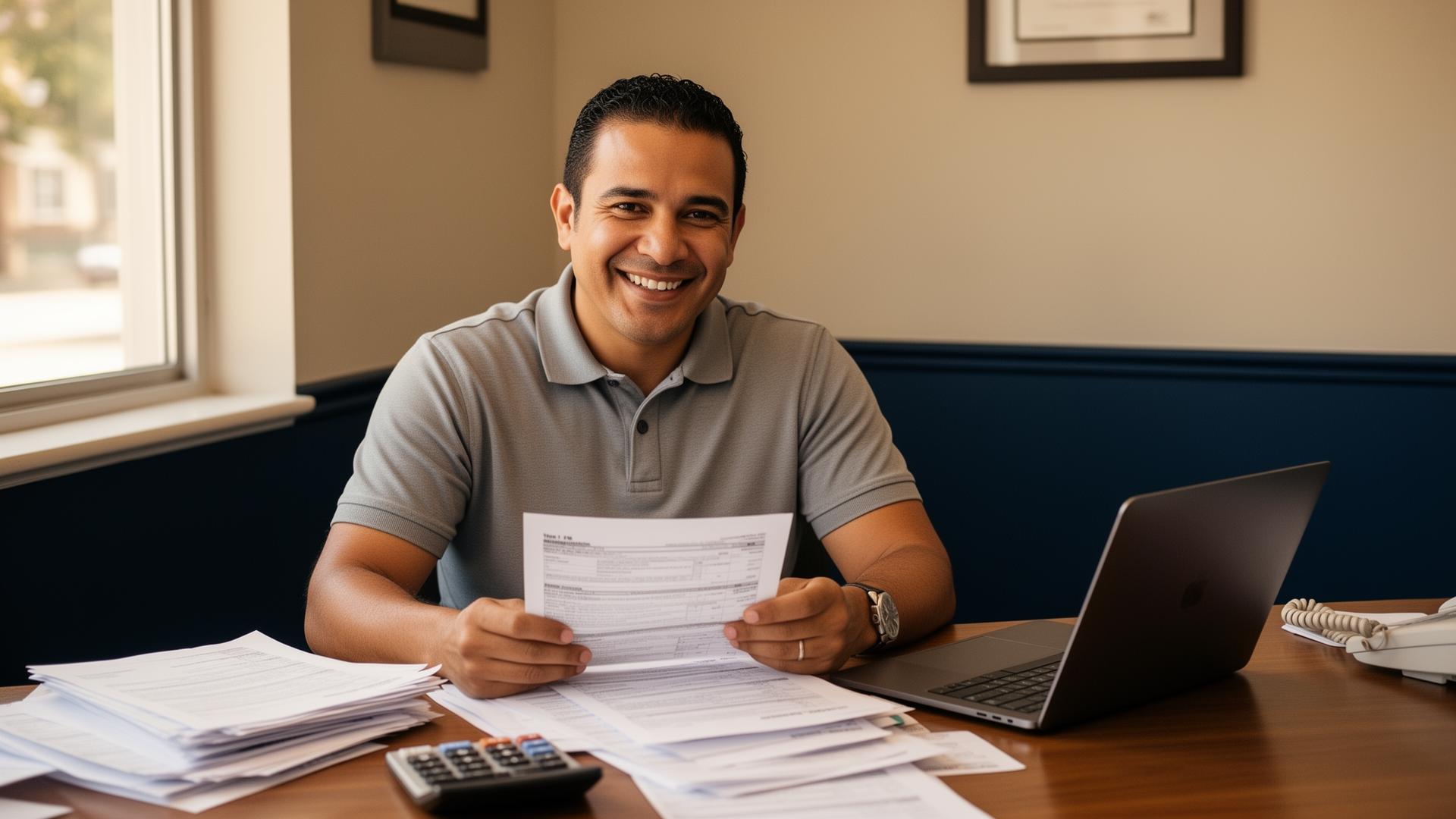 Pedro reviewing tax documents at his Alhambra office